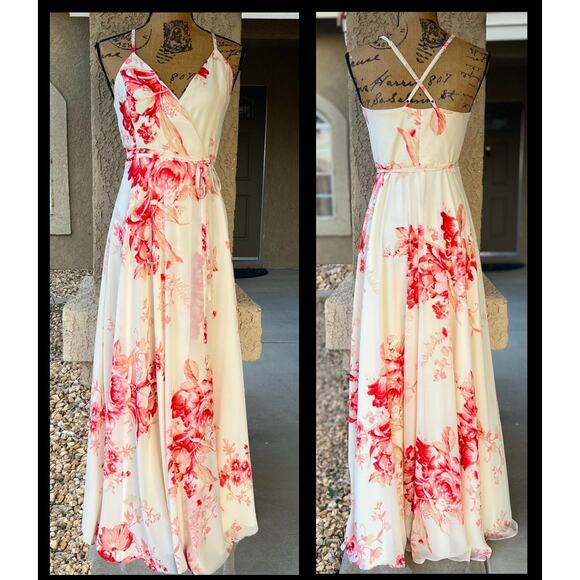 Lulus Cream and Coral Floral Wrap Elegantly Inclined  Maxi Dress Size: S - Picture 6 of 15